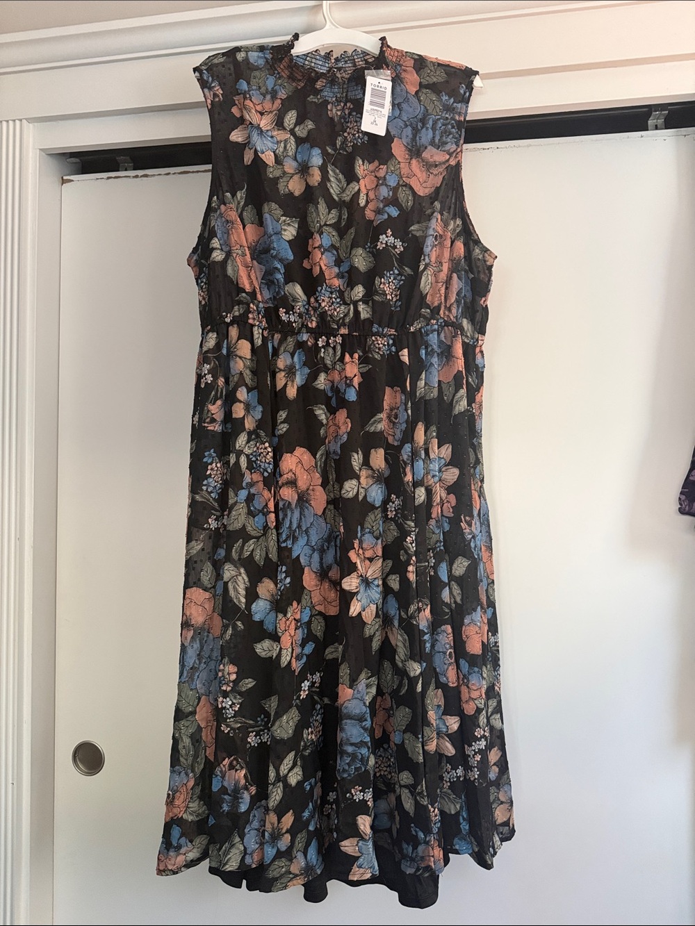 torrid Black Floral Sleeveless Midi Dress with Blue & Coral Blooms